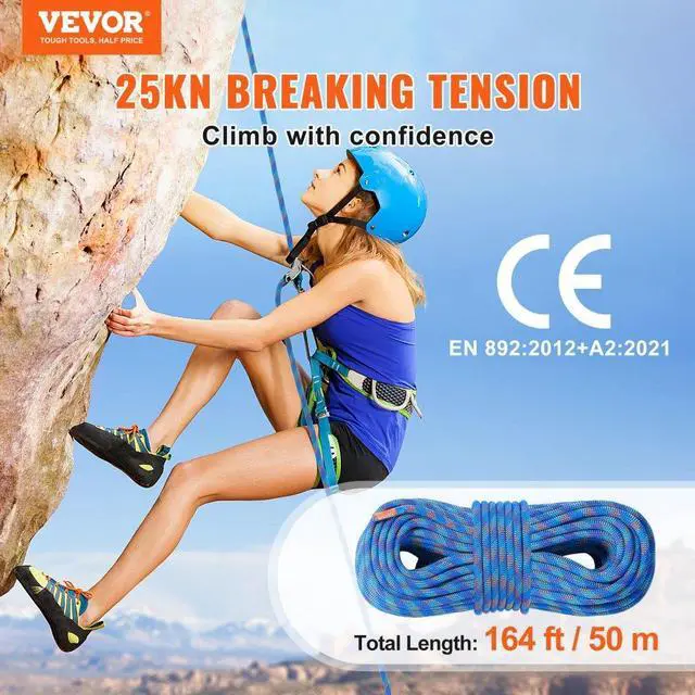 Alt view image 2 of 7 - VEVOR 10.2mm Dynamic Climbing Rope, 50M(164ft) Outdoor Rock Climbing Rope 25KN Breaking Tension, Fiber Rope with Steel Snap Hooks for Escape, Rappelling, Fire Rescue, Blue