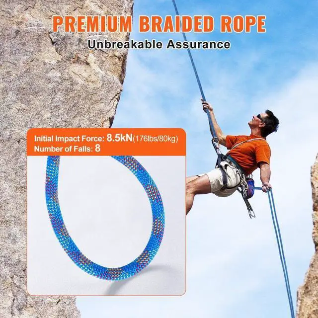 Alt view image 3 of 7 - VEVOR 10.2mm Dynamic Climbing Rope, 50M(164ft) Outdoor Rock Climbing Rope 25KN Breaking Tension, Fiber Rope with Steel Snap Hooks for Escape, Rappelling, Fire Rescue, Blue