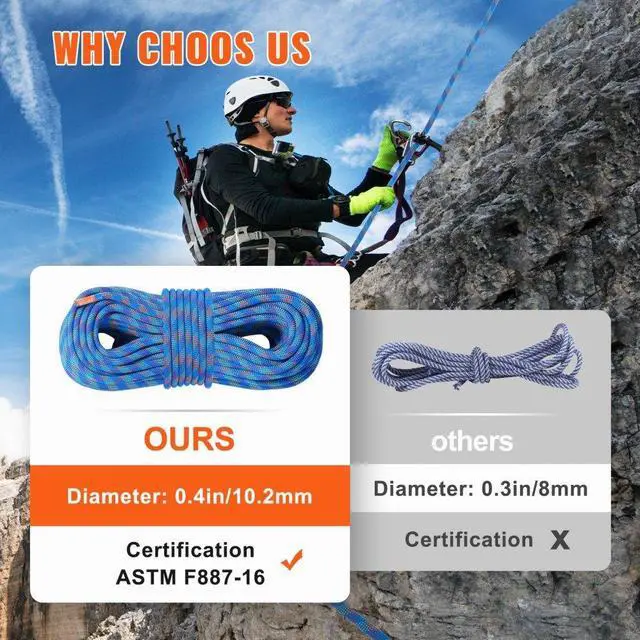 Alt view image 4 of 7 - VEVOR 10.2mm Dynamic Climbing Rope, 50M(164ft) Outdoor Rock Climbing Rope 25KN Breaking Tension, Fiber Rope with Steel Snap Hooks for Escape, Rappelling, Fire Rescue, Blue