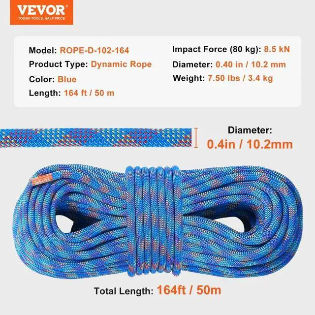 Alt view image 7 of 7 - VEVOR 10.2mm Dynamic Climbing Rope, 50M(164ft) Outdoor Rock Climbing Rope 25KN Breaking Tension, Fiber Rope with Steel Snap Hooks for Escape, Rappelling, Fire Rescue, Blue