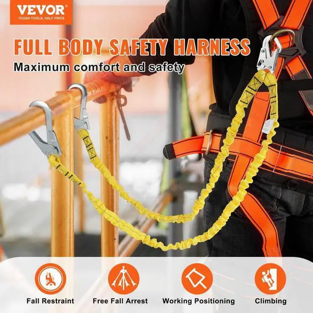 Alt view image 2 of 7 - VEVOR 38mm Safety Lanyard, 6ft(1.83m) Fall Protection Lanyard with 2 Alloy Steel Snap Hooks, Retractable Safety Belt for Outdoor/Indoor Tree Climbing, 30KN Breaking Tension Lanyard, Yellow