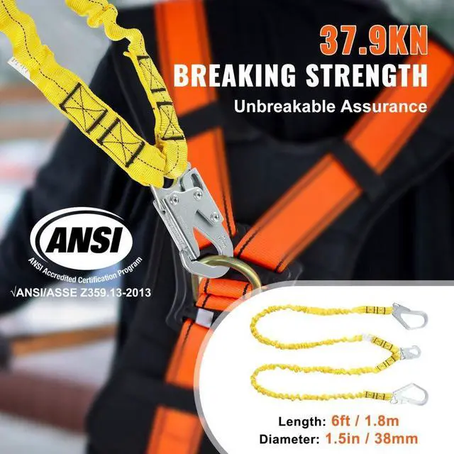 Alt view image 3 of 7 - VEVOR 38mm Safety Lanyard, 6ft(1.83m) Fall Protection Lanyard with 2 Alloy Steel Snap Hooks, Retractable Safety Belt for Outdoor/Indoor Tree Climbing, 30KN Breaking Tension Lanyard, Yellow