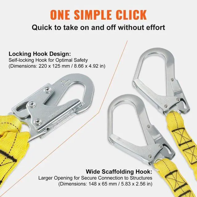 Alt view image 4 of 7 - VEVOR 38mm Safety Lanyard, 6ft(1.83m) Fall Protection Lanyard with 2 Alloy Steel Snap Hooks, Retractable Safety Belt for Outdoor/Indoor Tree Climbing, 30KN Breaking Tension Lanyard, Yellow