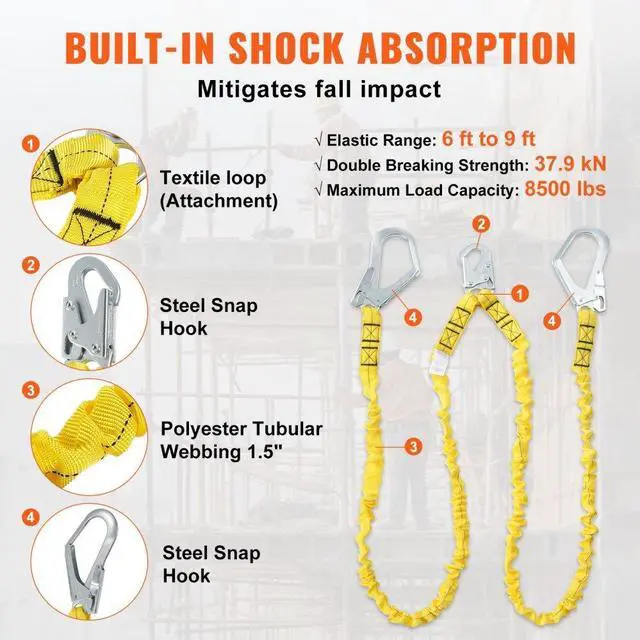 Alt view image 5 of 7 - VEVOR 38mm Safety Lanyard, 6ft(1.83m) Fall Protection Lanyard with 2 Alloy Steel Snap Hooks, Retractable Safety Belt for Outdoor/Indoor Tree Climbing, 30KN Breaking Tension Lanyard, Yellow