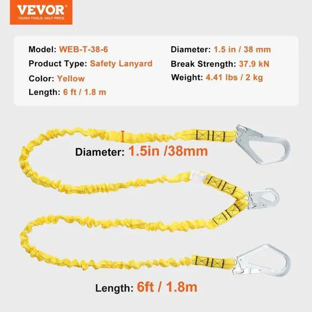Alt view image 7 of 7 - VEVOR 38mm Safety Lanyard, 6ft(1.83m) Fall Protection Lanyard with 2 Alloy Steel Snap Hooks, Retractable Safety Belt for Outdoor/Indoor Tree Climbing, 30KN Breaking Tension Lanyard, Yellow