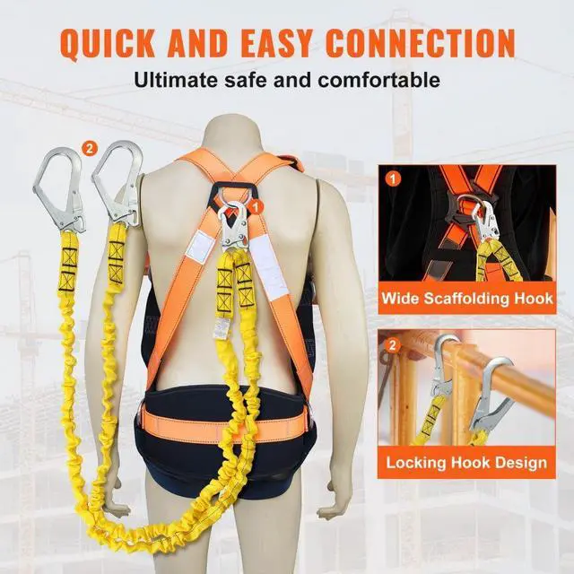 Alt view image 6 of 7 - VEVOR 38mm Safety Lanyard, 6ft(1.83m) Fall Protection Lanyard with 2 Alloy Steel Snap Hooks, Retractable Safety Belt for Outdoor/Indoor Tree Climbing, 30KN Breaking Tension Lanyard, Yellow
