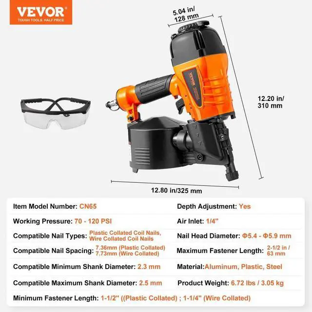 Alt view image 7 of 14 - VEVOR CN65 Coil Siding Nailer 1-1/4" to 2-1/2" 15 Degree Pneumatic Nail Gun