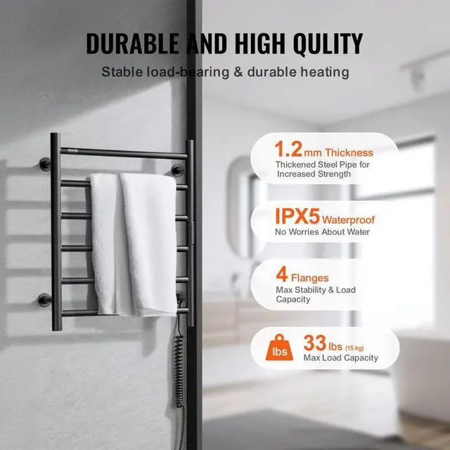 Alt view image 4 of 7 - VEVOR Towel Warmer Heated Towel Bar-Rack - Nopwer Bathroom Wall Mounted Electric Towel Drying Plug-in Matte Black 6 Bars