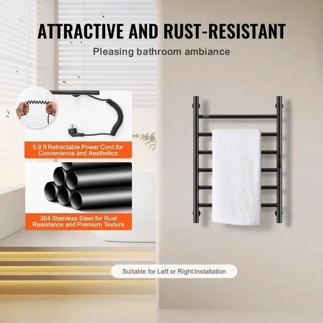 Alt view image 5 of 7 - VEVOR Towel Warmer Heated Towel Bar-Rack - Nopwer Bathroom Wall Mounted Electric Towel Drying Plug-in Matte Black 6 Bars