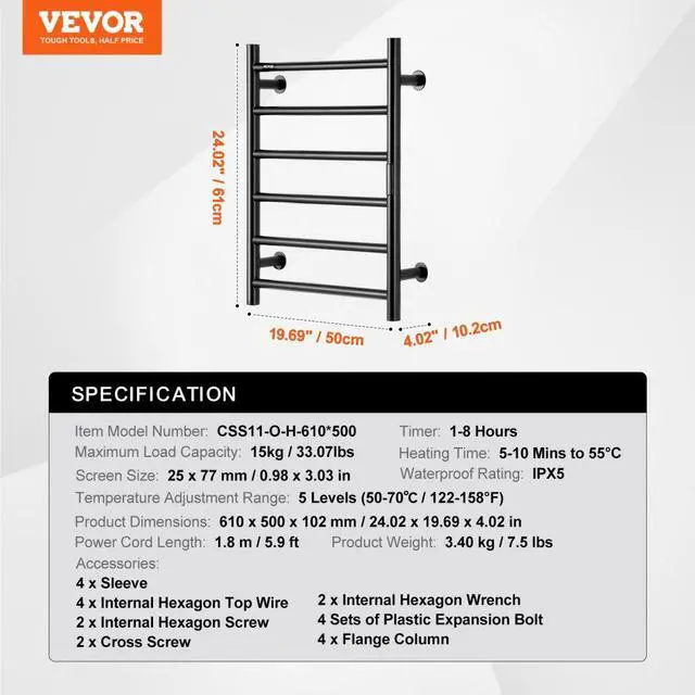 Alt view image 7 of 7 - VEVOR Towel Warmer Heated Towel Bar-Rack - Nopwer Bathroom Wall Mounted Electric Towel Drying Plug-in Matte Black 6 Bars