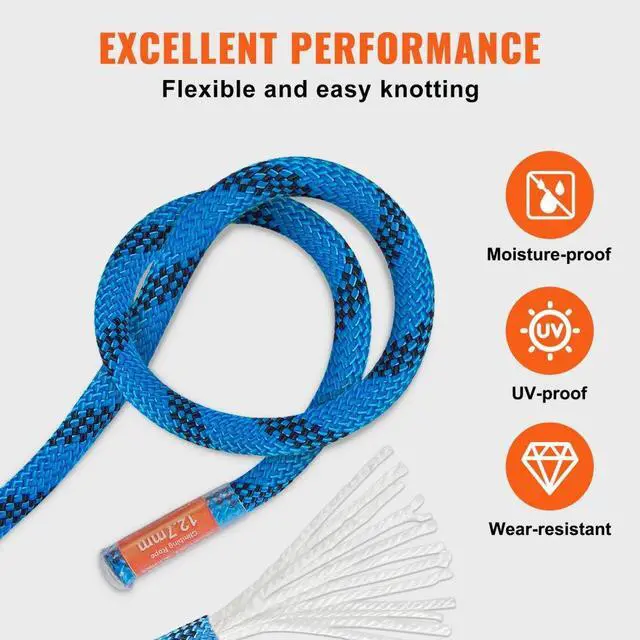Alt view image 5 of 7 - VEVOR 12.7mm Static Climbing Rope, 45.7M(150ft) Outdoor Rock Climbing Rope 32KN Breaking Tension, Fiber Rope with Steel Snap Hooks for Escape, Rappelling, Fire Rescue, Blue