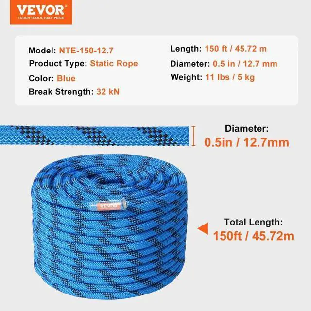 Alt view image 7 of 7 - VEVOR 12.7mm Static Climbing Rope, 45.7M(150ft) Outdoor Rock Climbing Rope 32KN Breaking Tension, Fiber Rope with Steel Snap Hooks for Escape, Rappelling, Fire Rescue, Blue
