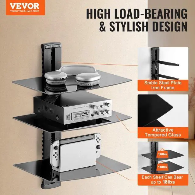 Alt view image 2 of 7 - VEVOR 3 Tiers Wall Mounted AV Media Stand Adjustable Floating Projector Shelf, Design 3-Tier AV Media Stand Corner Shelf for Record Player Stereo Cabinet Audio Rack Tower with Height Adjustable Shelv
