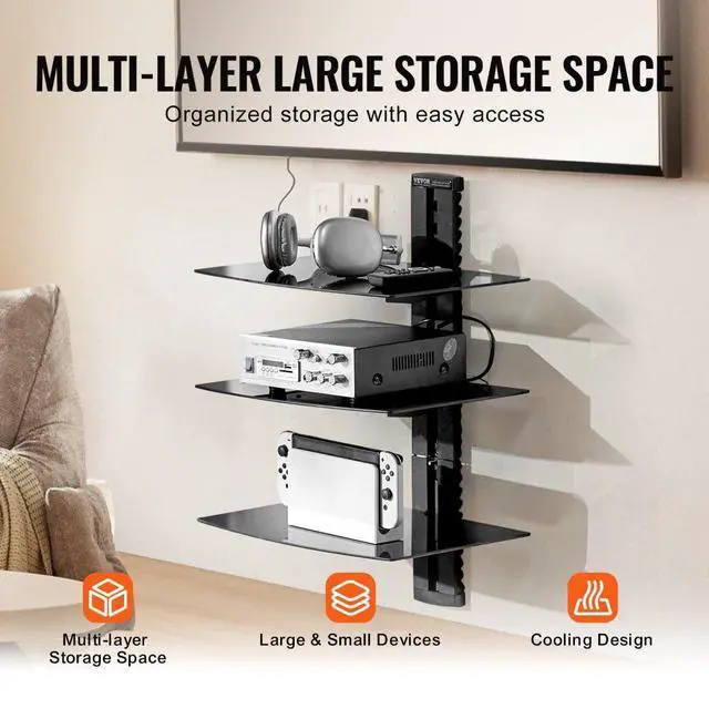 Alt view image 4 of 7 - VEVOR 3 Tiers Wall Mounted AV Media Stand Adjustable Floating Projector Shelf, Design 3-Tier AV Media Stand Corner Shelf for Record Player Stereo Cabinet Audio Rack Tower with Height Adjustable Shelv