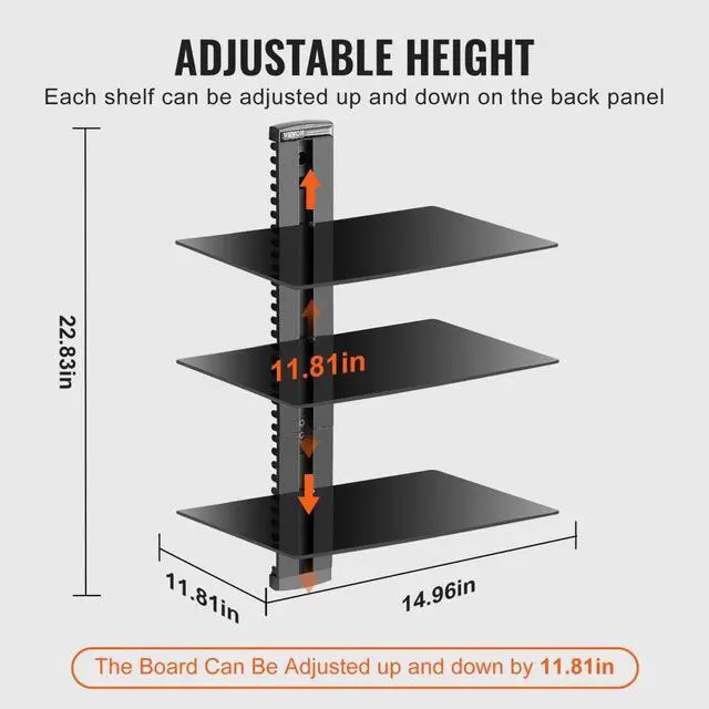 Alt view image 3 of 7 - VEVOR 3 Tiers Wall Mounted AV Media Stand Adjustable Floating Projector Shelf, Design 3-Tier AV Media Stand Corner Shelf for Record Player Stereo Cabinet Audio Rack Tower with Height Adjustable Shelv