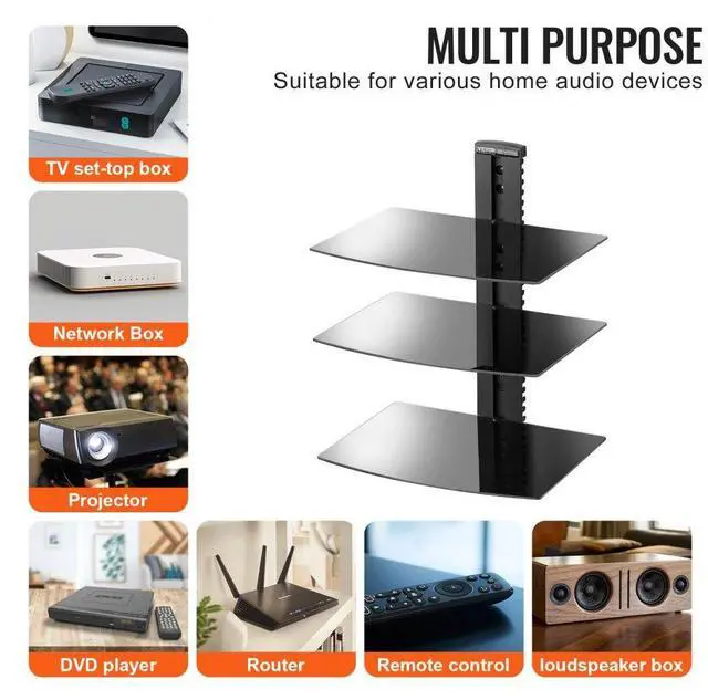 Alt view image 6 of 7 - VEVOR 3 Tiers Wall Mounted AV Media Stand Adjustable Floating Projector Shelf, Design 3-Tier AV Media Stand Corner Shelf for Record Player Stereo Cabinet Audio Rack Tower with Height Adjustable Shelv