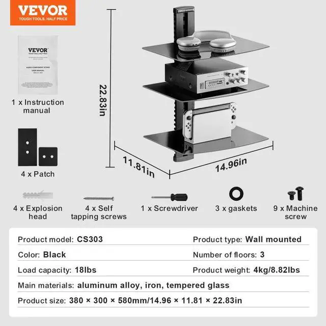 Alt view image 7 of 7 - VEVOR 3 Tiers Wall Mounted AV Media Stand Adjustable Floating Projector Shelf, Design 3-Tier AV Media Stand Corner Shelf for Record Player Stereo Cabinet Audio Rack Tower with Height Adjustable Shelv