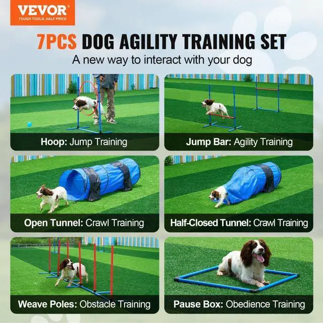 Alt view image 2 of 7 - VEVOR Dog Agility Training Equipment 7 PCS Set w/ Hurdles 2 Tunnels Jump Ring
