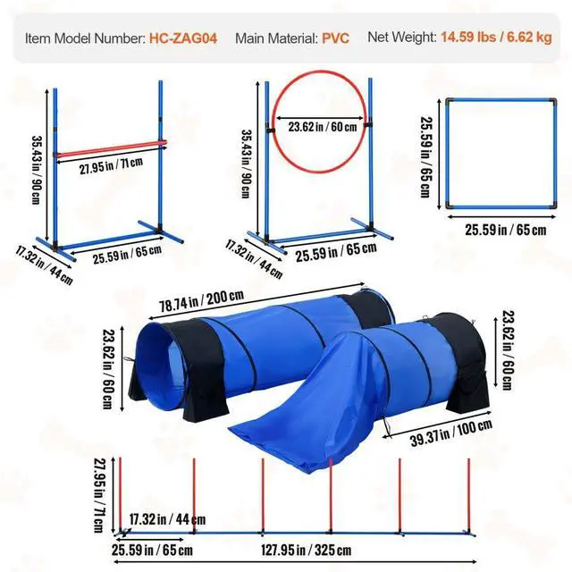 Alt view image 7 of 7 - VEVOR Dog Agility Training Equipment 7 PCS Set w/ Hurdles 2 Tunnels Jump Ring