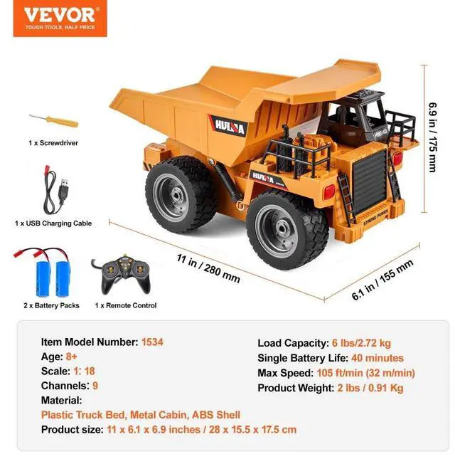 Alt view image 7 of 7 - VEVOR Christmas Gif! RC Remote Control Dump Truck Toy Construction Vehicle Toy 9CH 1:18 Scale