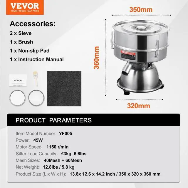 Alt view image 7 of 14 - Automatic Electric Vibrating Sieve, Stainless Steel Sifter Shaker Machine with 40+60 Mesh, 45W Automatic Powder Sifter Machine Countertop, Electric Sieve Shaker for Flour Powers, Mungbean, Rice