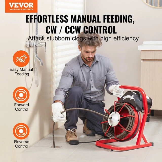 Alt view image 2 of 15 - VEVOR Drain Cleaner Machine Drain Auger 50FT x 1/2 Inch Manual Feed & 4 Cutters