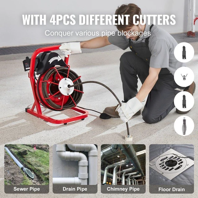 Alt view image 5 of 15 - VEVOR Drain Cleaner Machine Drain Auger 50FT x 1/2 Inch Manual Feed & 4 Cutters