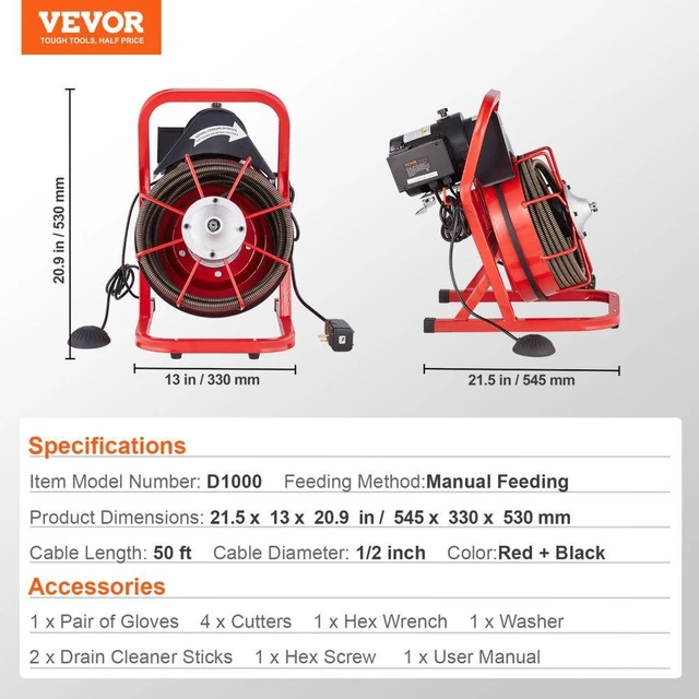 Alt view image 7 of 15 - VEVOR Drain Cleaner Machine Drain Auger 50FT x 1/2 Inch Manual Feed & 4 Cutters