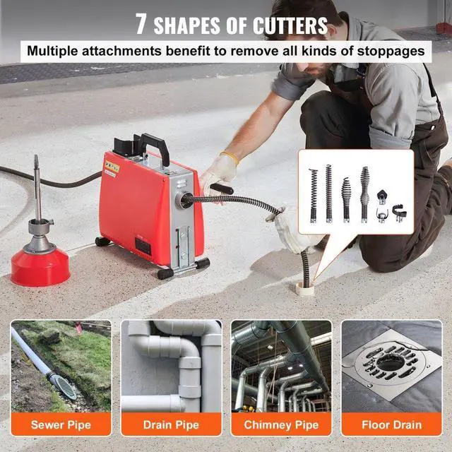Alt view image 4 of 7 - VEVOR  Drain Cleaner Machine 66FT x 5/8" 250W Sewer Snake Auger Manual Feed