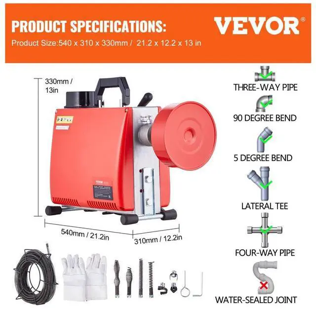 Alt view image 7 of 7 - VEVOR  Drain Cleaner Machine 66FT x 5/8" 250W Sewer Snake Auger Manual Feed