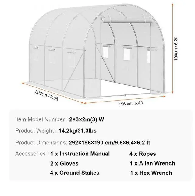 Alt view image 7 of 7 - VEVOR Walk-in Tunnel Greenhouse 9.58x6.43x6.23ft Galvanized Frame PE Cover White