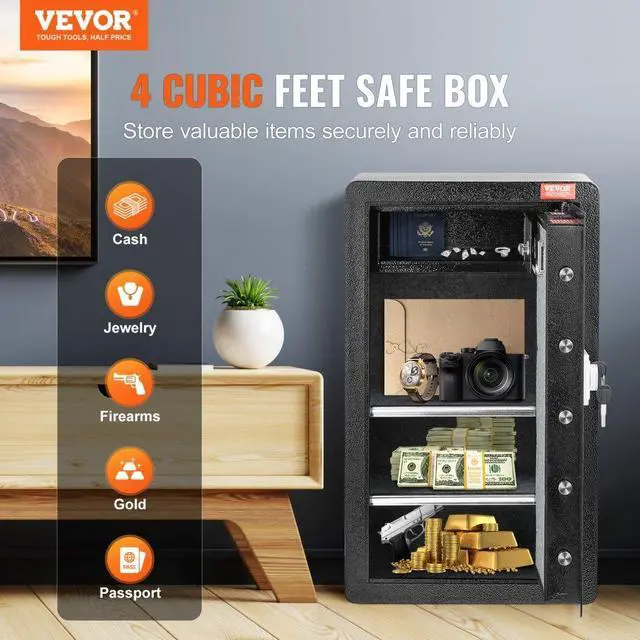 Alt view image 2 of 7 - VEVOR Single Door 4.0 cu.ft Safe Box with Key Lock & Password Cabinet Blackorganize cash, passports, jewelry, gold, watches and documents