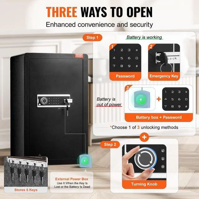 Alt view image 3 of 7 - VEVOR Single Door 4.0 cu.ft Safe Box with Key Lock & Password Cabinet Blackorganize cash, passports, jewelry, gold, watches and documents