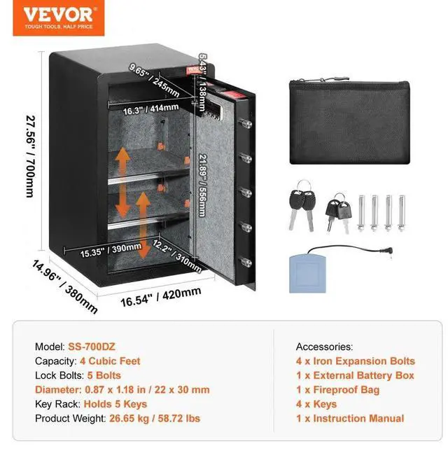 Alt view image 7 of 7 - VEVOR Single Door 4.0 cu.ft Safe Box with Key Lock & Password Cabinet Blackorganize cash, passports, jewelry, gold, watches and documents