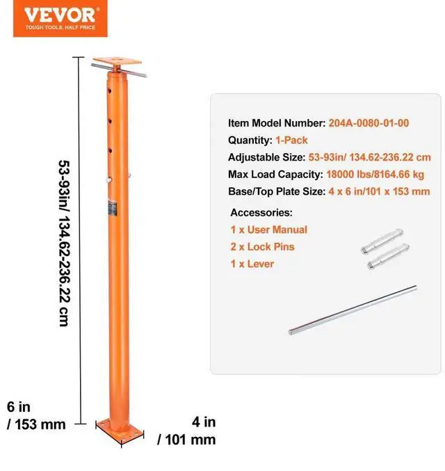 Alt view image 7 of 7 - VEVOR Adjustable Floor Jack Post House Floor Leveling Lift 53"-93" Height Range