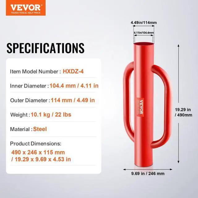 Alt view image 7 of 7 - VEVOR Fence Post Driver with Handles 4.11 in Inner Diameter T Post Pole Pounder