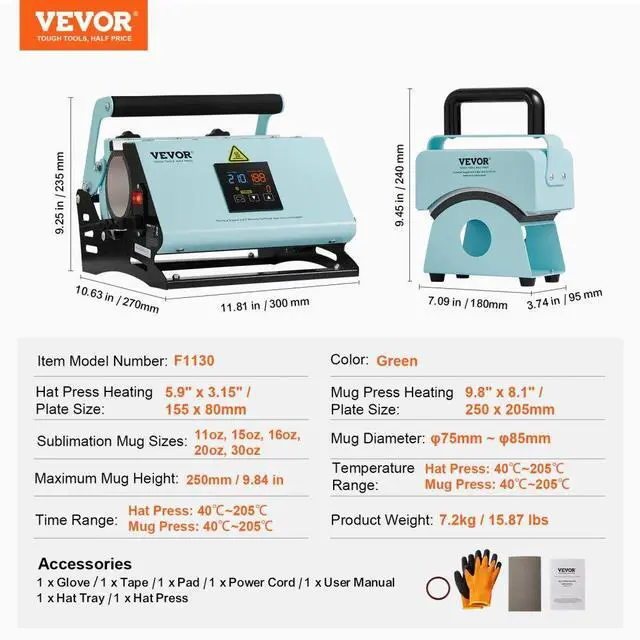 Alt view image 7 of 7 - VEVOR 2 in 1 Tumbler and Hat Heat Press Machine Heat Machine for Caps Hats Mugs
