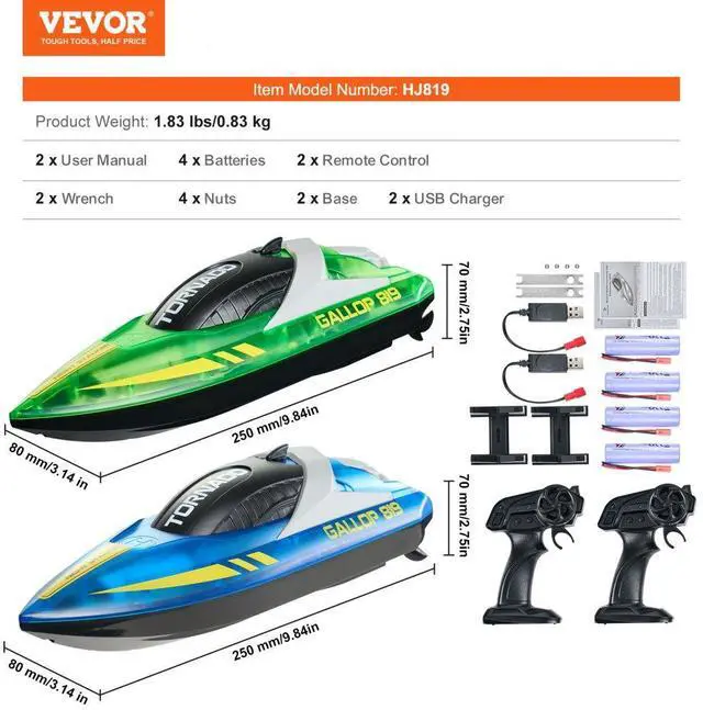 Alt view image 7 of 7 - VEVOR 2 PCS RC Boat 2.4 GHz Remote Control Racing Boat 12 km/h Kids Adults Gift