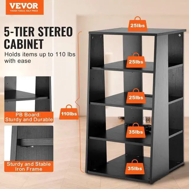 Alt view image 2 of 7 - VEVOR  5-Tier AV Media Stand, Wooden Audio-Video Media Stand for DVD Players/Cable Boxes/Games Consoles, Height-Adjustable Media Storage Cabinet for Gaming, Recording Room, Black
