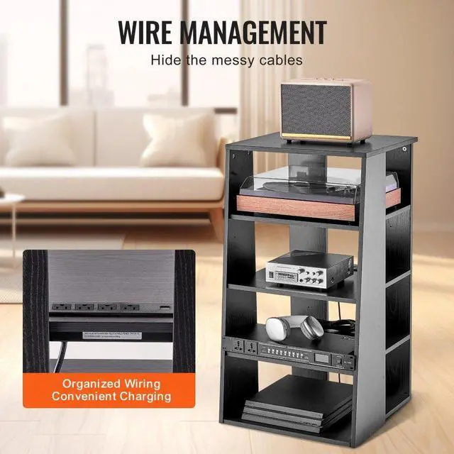 Alt view image 4 of 7 - VEVOR  5-Tier AV Media Stand, Wooden Audio-Video Media Stand for DVD Players/Cable Boxes/Games Consoles, Height-Adjustable Media Storage Cabinet for Gaming, Recording Room, Black