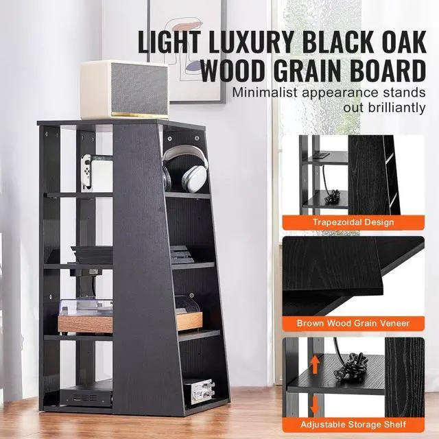 Alt view image 3 of 7 - VEVOR  5-Tier AV Media Stand, Wooden Audio-Video Media Stand for DVD Players/Cable Boxes/Games Consoles, Height-Adjustable Media Storage Cabinet for Gaming, Recording Room, Black