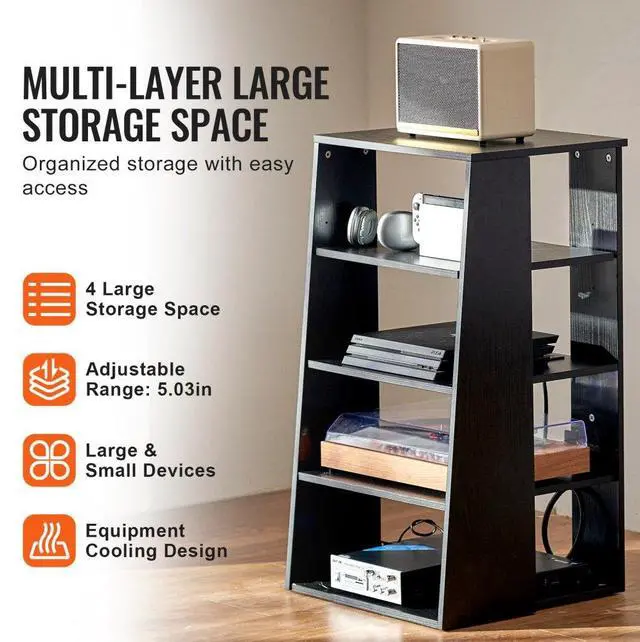Alt view image 6 of 7 - VEVOR  5-Tier AV Media Stand, Wooden Audio-Video Media Stand for DVD Players/Cable Boxes/Games Consoles, Height-Adjustable Media Storage Cabinet for Gaming, Recording Room, Black