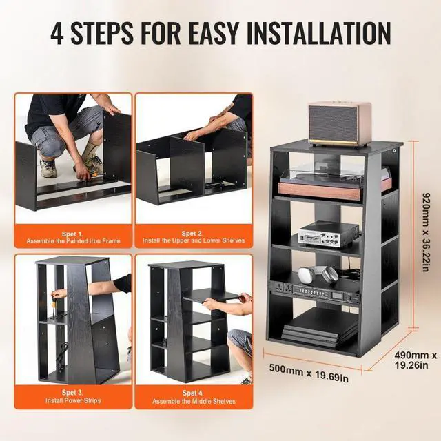 Alt view image 5 of 7 - VEVOR  5-Tier AV Media Stand, Wooden Audio-Video Media Stand for DVD Players/Cable Boxes/Games Consoles, Height-Adjustable Media Storage Cabinet for Gaming, Recording Room, Black
