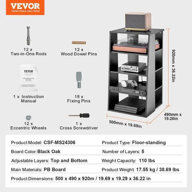 Alt view image 7 of 7 - VEVOR  5-Tier AV Media Stand, Wooden Audio-Video Media Stand for DVD Players/Cable Boxes/Games Consoles, Height-Adjustable Media Storage Cabinet for Gaming, Recording Room, Black