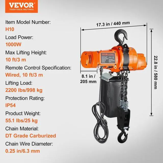 Alt view image 7 of 7 - VEVOR Electric Chain Hoist Single Phase Crane Hoist 2200 lbs Load 10 ft Lifting