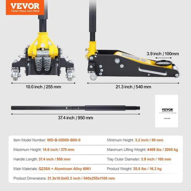 Alt view image 7 of 7 - VEVOR Low Profile Floor Jack 2 Ton Heavy Duty Dual Piston Rapid Pump