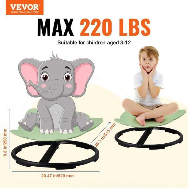 Alt view image 2 of 7 - VEVOR Elephant Kids Swivel Chair, 220 LBS Capacity, 360° Spinning Chair, Autistic Kids Sensory Toy Chair with Non-Slip Metal Base, Toddler Sit and Spin Chair for Coordination Balance Focus Green