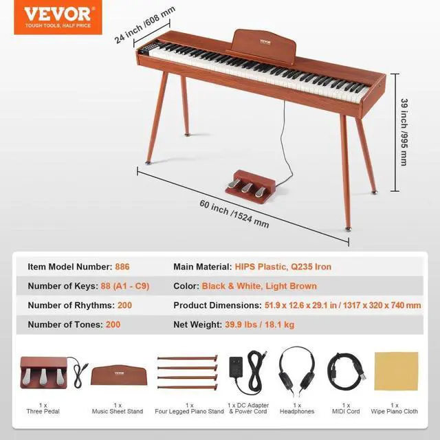 Alt view image 7 of 7 - VEVOR  88 Key Fully Weighted Digital Piano Dual Keyboard Four Legged Stand