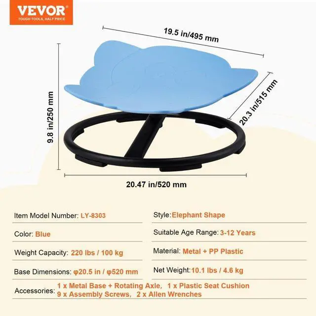 Alt view image 7 of 7 - VEVOR Elephant Kids Swivel Chair, 220 LBS Capacity, 360° Spinning Chair, Autistic Kids Sensory Toy Chair with Non-Slip Metal Base, Toddler Sit and Spin Chair for Coordination Balance Focus Blue