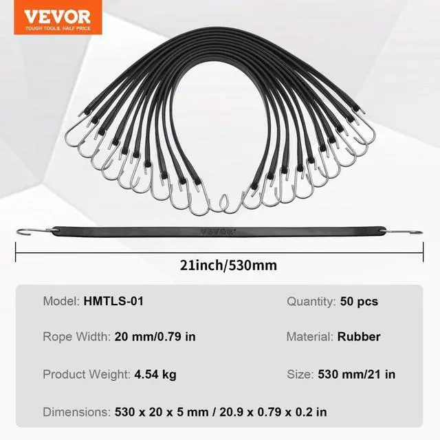 Alt view image 7 of 7 - VEVOR 50 Pcs Flat Bungee Cord Set 19.8 mm Heavy Duty Bungee Straps with S-Hook